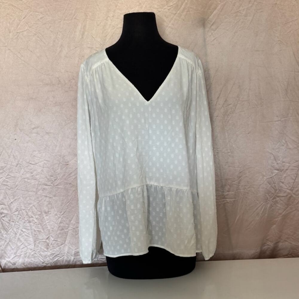 Loft Ivory Peasant Polka Dot Ruffle Hem Long Sleeve Top - XL